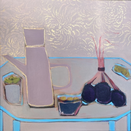 Gold Threads contemporary still life featuring beetroot, decorative vessels, soft mauves, turquoise accents and delicate golden lines