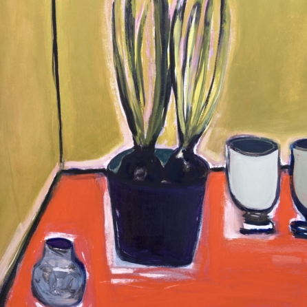 The Beauty of Enough colourful still life painting featuring two tall green shoots in a dark purple pot, ceramic vessels, a vibrant orange-red tabletop and a green-gold background.