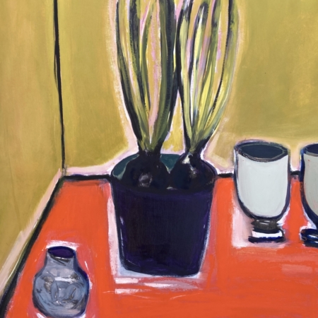 The Beauty of Enough colourful still life painting featuring two tall green shoots in a dark purple pot, ceramic vessels, a vibrant orange-red tabletop and a green-gold background.