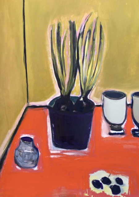 The Beauty of Enough colourful still life painting featuring two tall green shoots in a dark purple pot, ceramic vessels, a vibrant orange-red tabletop and a green-gold background.