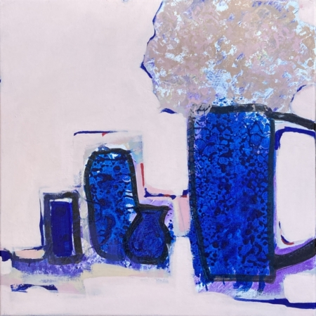 Blue Glass expressive still life painting featuring cobalt blue glass and delicate hydrangeas by Louise Turnbull