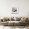 Gold Threads contemporary still life giclée print shown in a wooden frame above a dining table in a bright, neutral dining room
