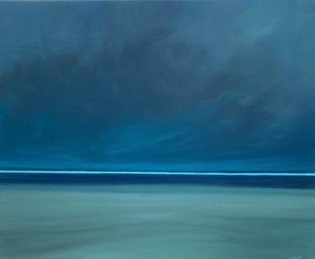 Light and Magic, an atmospheric blue abstract seascape fine art print featuring a dramatic deep blue sky, turquoise sea and a delicate line of light on the horizon.