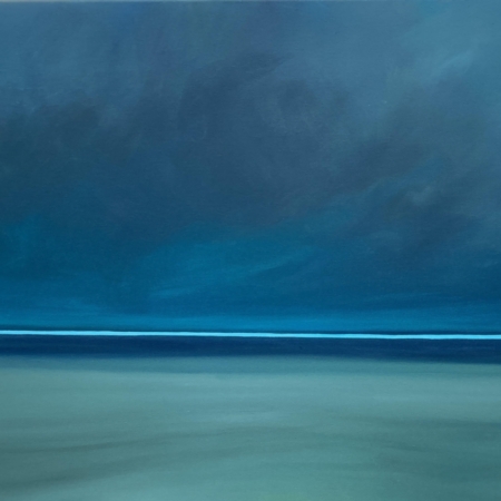 Light and Magic, an atmospheric blue abstract seascape fine art print featuring a dramatic deep blue sky, turquoise sea and a delicate line of light on the horizon.