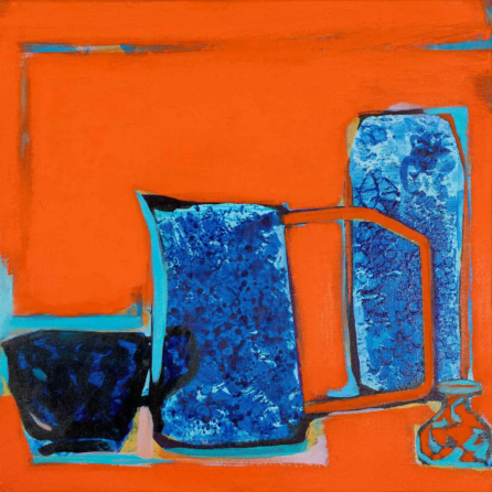 Vivid Echoes giclée print by Louise Turnbull featuring richly textured cobalt blue and turquoise vessels against a vibrant orange background.