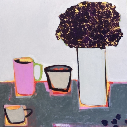 Traces of Home contemporary still life by Louise Turnbull featuring colourful vessels, a dark textured organic form and vibrant pink and orange accents.