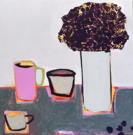 Traces of Home contemporary still life by Louise Turnbull featuring colourful vessels, a dark textured organic form and vibrant pink and orange accents.