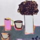 Traces of Home contemporary still life by Louise Turnbull featuring colourful vessels, a dark textured organic form and vibrant pink and orange accents.