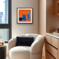 Vivid Echoes giclée print by Louise Turnbull displayed with a white mount and wooden frame above a dark wood sideboard in a contemporary neutral living room.
