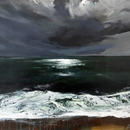 Yearning For seascape giclée print by Louise Turnbull showing dramatic storm clouds above dark green sea and white waves breaking along the shoreline.
