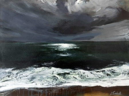Yearning For seascape giclée print by Louise Turnbull showing dramatic storm clouds above dark green sea and white waves breaking along the shoreline.