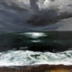 Yearning For seascape giclée print by Louise Turnbull showing dramatic storm clouds above dark green sea and white waves breaking along the shoreline.
