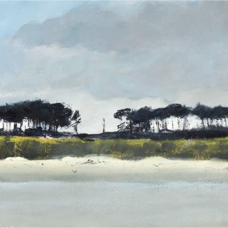 Silverburn Reflections landscape giclée print by Louise Turnbull featuring expressive dark trees, muted green and yellow grasses, soft blue-grey skies and reflections in still water.
