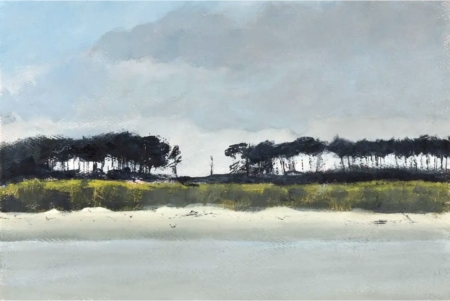 Silverburn Reflections landscape giclée print by Louise Turnbull featuring expressive dark trees, muted green and yellow grasses, soft blue-grey skies and reflections in still water.