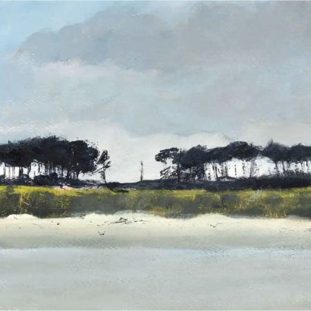 Silverburn Reflections landscape giclée print by Louise Turnbull featuring expressive dark trees, muted green and yellow grasses, soft blue-grey skies and reflections in still water.