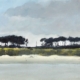 Silverburn Reflections landscape giclée print by Louise Turnbull featuring expressive dark trees, muted green and yellow grasses, soft blue-grey skies and reflections in still water.