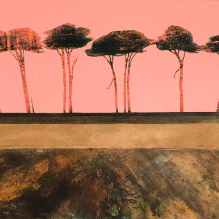 Listen Softly landscape painting featuring dark silhouetted trees against a vibrant coral-pink sky, with textured layers of ochre, gold and earthy colours.