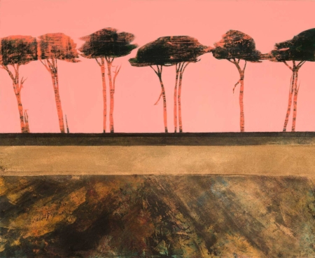 Listen Softly landscape painting featuring dark silhouetted trees against a vibrant coral-pink sky, with textured layers of ochre, gold and earthy colours.